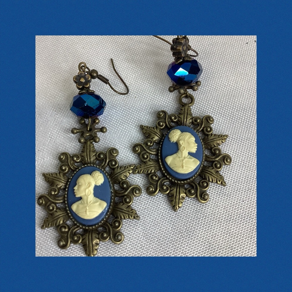 Vintage Cameo Earrings with Blue Accents